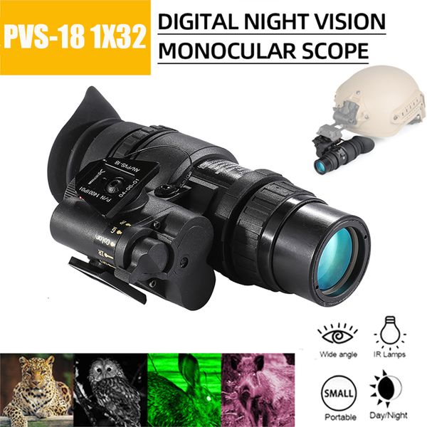 Cámaras de caza 1X32 Gafas de visión nocturna digital infrarroja NVG Scope Monocular PVS18 Casco montado en la cabeza Ojo derecho izquierdo para patrulla 230620