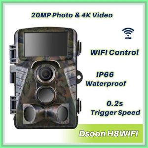 Chasse Caméras Dsoon caméra de chasse H8WIFI 20MP 4K sentier des animaux sauvages double caméra WIFI APP contrôle Vision nocturne étanche faune infrarouge 231124