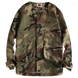 Vestes de chasse automne japonais rétro tissé Cargo veste hommes mode militaire coton lavé vieux Double poche sans col décontracté hauts