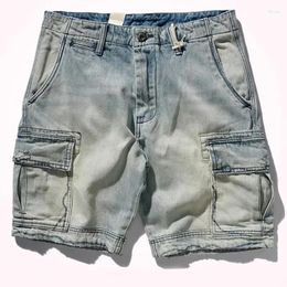 Vestes de chasse Cargo Denim Shorts pour hommes jeans bleu clair lavé multi-poche pantalon recadré l'homme