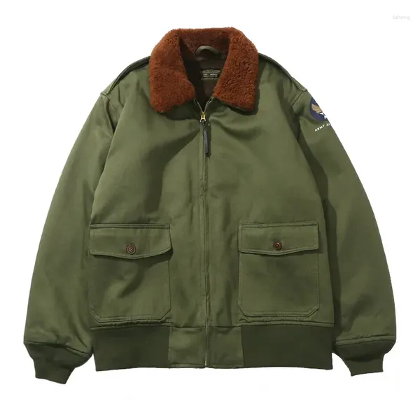 Chaquetas de caza Premium Vintage Invierno Moda Espesar Lana Lana Cuello de piel de los hombres Abrigo cálido Estilo militar Chaqueta de vuelo de guerra con bolsillos