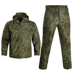 Chaquetas de caza, trajes militares de Rusia para hombres, chaqueta táctica de lana de camuflaje, pantalones cortavientos impermeables suaves para exteriores, abrigo con capucha, ropa