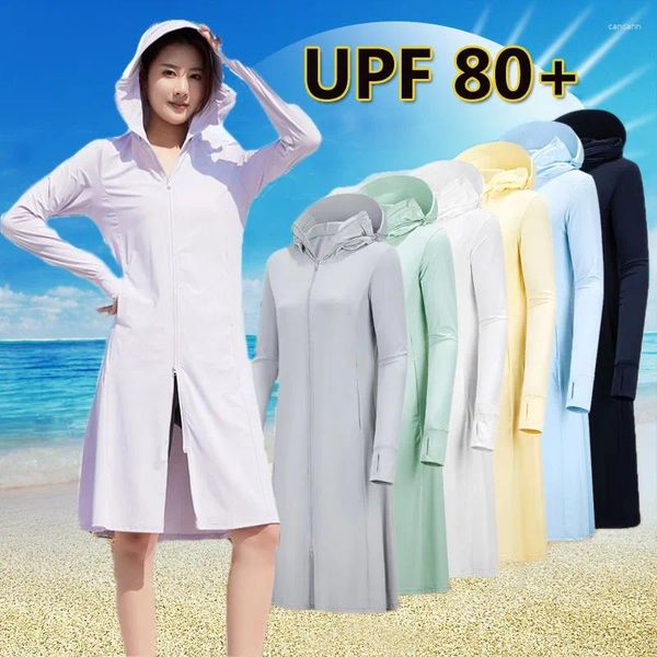 Chaquetas de caza Ropa de protección solar Chaqueta larga por encima de la rodilla para mujer UPF80 Conducción al aire libre Viaje en la playa Abrigo de protección UV con capucha transpirable