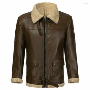 Jachtjassen Winter Heren Lamswol Gevoerde Leren Jas Parka Uitloper Jas Mannen Retro Bont Locomotief Rits PU Warm