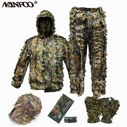 Jagen sets volwassen 3D -bladeren bionische camouflage jagen ghillie pak duurzaam cs schietpak ademend tactisch militair gevecht kleding set 230530