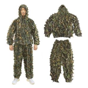 Jachtsets mannen vrouwen kinderen outdoor ghillie pak camouflage kleding jungle pak cs training bladeren kleding jachtpak broek broek kap jas 230530