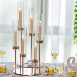 Bougeoir Hurricane Candélabre Candélabres en métal doré à 6 bras avec verre de cristal ou couvercle en acrylique Bougeoirs coniques pour décoration de cheminée de Noël