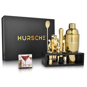 HURSCHE 12-delige gouden barmanset, roestvrijstalen staartshakerset met zwarte houten standaard en receptenboekje, essentiële thuisbaraccessoires shaker, jigger,