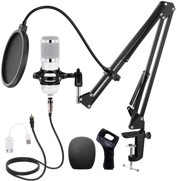 Kit de microphone à condensateur Huryfox Podcast Kit de micro de studio cardioïde professionnel Support de bras à ciseaux réglable, support anti-choc et filtre anti-pop