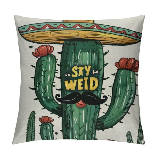 Husandy Throw Couvre-oreiller cactus désert plante cactus vert avec un chapeau mexicain mot de couverture coussin de coussine