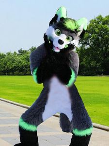 Husky chien renard mascotte Costume Fursuit Halloween déguisement Costume vert et foncé fourrure tenue longue fourrure