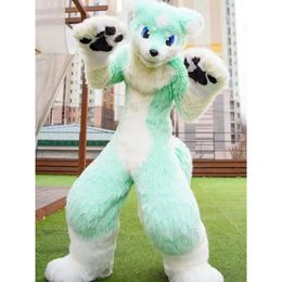 Costume de mascotte Husky vert blanc noir griffe Canine Animal Fursuit Fox Hound vêtements à poil long