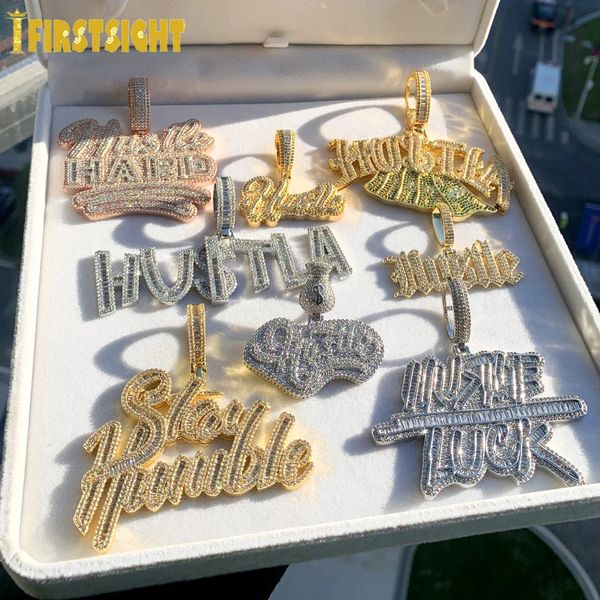 Hustle Pendant Collier Iced Out Bling Cubic Zirconia Lettre Badge Lucky Badge Men des femmes Bijoux Hip Hop Hip Hop 240403