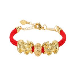 HW01 nouveau bracelet double pixiu en or 24 carats corde rouge bracelet porte-bonheur pour hommes et femmes 264N