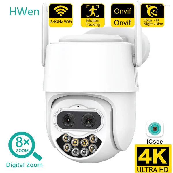 HWen 4K double objectif Wifi caméras de sécurité 8X Zoom hybride 8MP HD ICSee PTZ IP CCTV alarme caméra de Surveillance vidéo