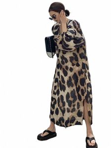 HWL Vintage imprimé léopard col en V fendu Dr femmes été Chiff Dr 2023 nouvelle jupe mi-longue décontractée ample fendue Dres x3OS #