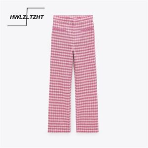 Hwlzltzht broek vrouwen 2021 mode zomer hoge taille plaid uitlopende broek y2k vrouwen kleding chique rits vrouw zakbroek Q0801