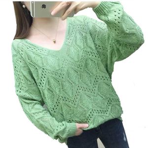 HWLZLTZHT Zomer Hollow Out Gebreide Pullover Sweater Losse Diepe V-hals V-hals Casual Ruched Sweaters Tops 210531