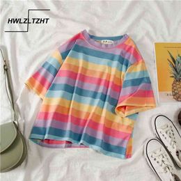 HWLZLTZHT Summer Rainbow Femme T-shirt rayé T-shirt à manches courtes pour femmes Chemise lâche Femmes Coton Cool Femmes T-shirt 210324