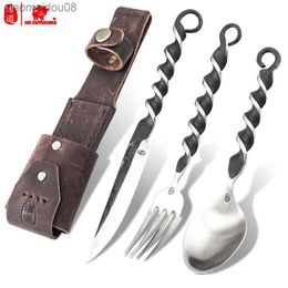 HX buitenshuis Outdoor Kitchen Sming Knife Vork Lepel Three-in-One Set Spoon Fork Picnic Portable servies Stafreis Camping Equipment L230704