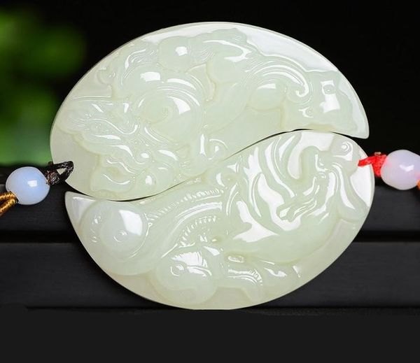 HXC Xinjiang Hetian Jade pendentif couple blanc une paire de dragon et phénix avec poisson tai chi hommes et femmes jade8552013