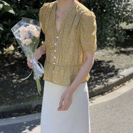 HXJJP Summer Vintage Floral Korean Womenswear Bubble Sleeve Mousseline de soie Chemise courte Femme 210607