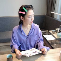 HXJJP De zomer Koreaanse Chiffon Blouse voor vrouwen met lange mouwen en revers shirts 210607