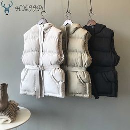 HXJJP, chaleco para mujer, chaqueta de invierno, abrigo con capucha y bolsillo, abrigo informal cálido de algodón acolchado para mujer, chaleco sin mangas ajustado, cinturón en Stock 210607