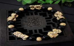 HY004 Mode nouveau design 24 k couleur or pixiu bracelet pierre naturelle obsidienne animal pixiu bracelet agate rouge brillant femmes charme je5412736