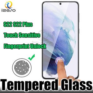 Para Samsung S24 S23 S22 Plus Desbloqueo de huellas dactilares Vidrio templado transparente Pegamento completo de alta calidad Película protectora de pantalla frontal antirrayas al por mayor izeso