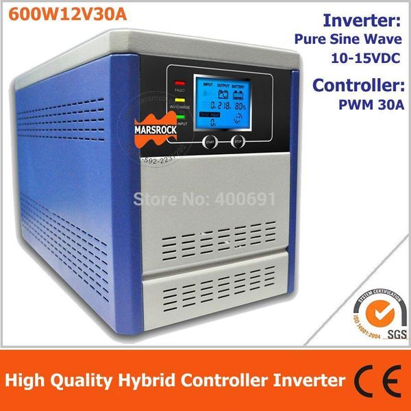 Inversor de controlador híbrido de envío gratuito para sistema de energía solar fuera de la red, inversor de onda sinusoidal pura de 600 W y 12 V integrado con controlador PWM de 30 A