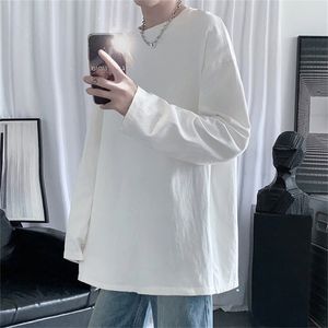 Hybskr Lente Heren Oversized T-shirt Effen Kleur Basic T-shirt O Hals Lange Mouw T-shirts Koreaanse Vrouwen Man Casual Tees 220325