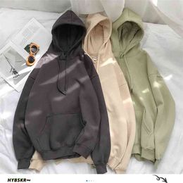 HYBSKR Femme Solide 12 Couleurs Coréen Sweats à capuche Femme Coton Épaissir Sweats à capuche chauds Couple Printemps Vêtements de mode 210728