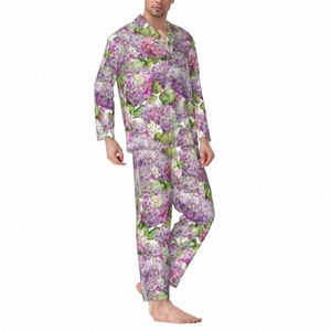 Hortensia Bloemen Pyjama Man Roze Lavendel Print Mooie Kamer Nachtkleding Herfst 2 Stuks Vintage Oversize Design Pyjama Sets 58Si #