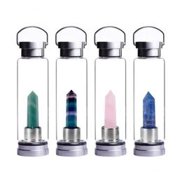 Equipo De Hidratación Botella De Agua De Piedras Preciosas De Cuarzo De Cristal De 550 Ml, Vidrio Curativo De Bienestar De Reiki Natural, Taza De Acero Inoxidable 304, Gota De Otzh3