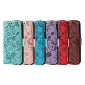 Estuches de billetera de cuero con estampado de flores rosas para Iphone 14 Pro Max Plus 13 Mini 12 11 X XR XS 8 7 Marco Foto Moda Floral Ranura para tarjeta de identificación de crédito Estuche para teléfono Soporte Monedero