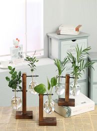 Vastes de plantes hydroponiques Vintage Desk Flower Pot transparent Vase Vase en bois Verre Plantes de table Home Bonsai Decorative Flowerpo2150723