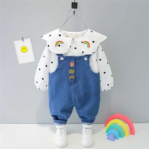 HYLKIDHUOSE Autumn Spring Baby Girls Clothing Sets Toddler Infant Clothes Lapel Rainbow Overalls Pants Children Kids Clothes X0902