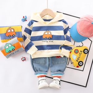 HYLKIDHUOSE bébé garçons vêtements ensembles automne nouveau-né enfant en bas âge vêtements pour bébés dessin animé à capuche t-shirt jean enfants enfants Costume1