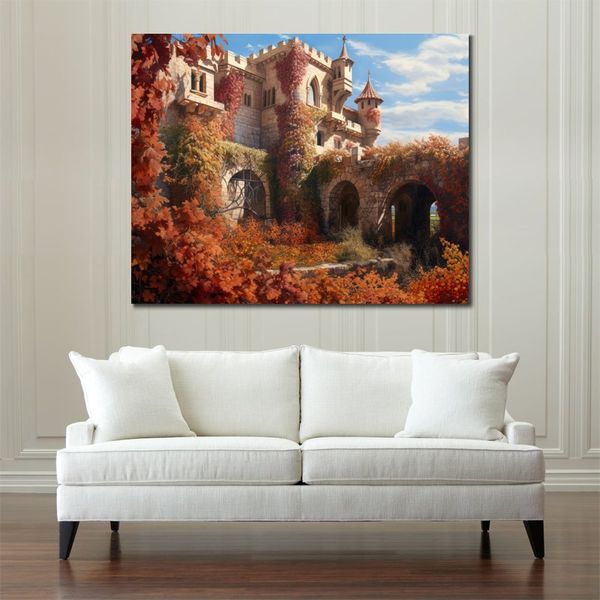 Château français hyper réaliste avec raisins en automne, toile de paysage, Photo imprimée sur toile pour décor de salon