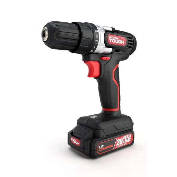 Taladro inalámbrico Hyper Tough de 20 V máx., velocidad variable con cargador de batería de iones de litio de 1,5 Ah