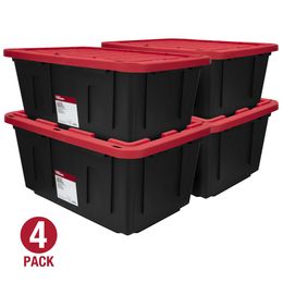 Contenedor de almacenamiento de plástico con tapa a presión apilable Hyper Tough de 27 galones, negro con tapa roja, juego de 4