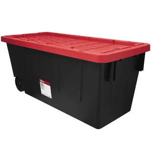 Hyper Tough 50 Gallon Snap Deksel Verrijdbare plastic opslagbakcontainer, zwart met rood deksel