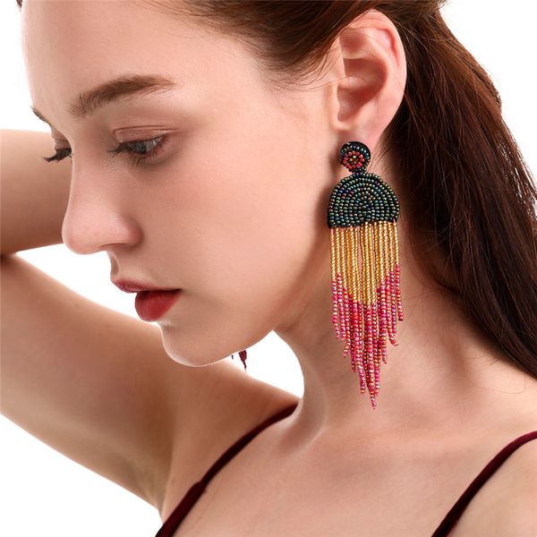 Boucles d'oreilles pendantes hypoallergéniques pour femmes faites à la main vintage long pompon perle de riz boucle d'oreille accessoires fête anniversaire cadeaux mode arc-en-ciel bohème bijoux