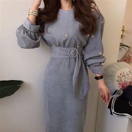 HziriP nouveau 2020 printemps élégant mode femmes robe col rond perles manches bouffantes taille haute ceintures solide longue robe femme robes T230p