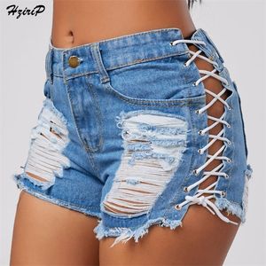 Hzirip sexy zomer dames denim shorts zwarte blauwe hoge taille gescheurde korte jeans femme tassel veter bandage broek 220509