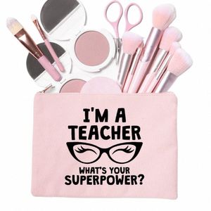 Ik ben een leraar canvas roze cosmetische hoesjes tassen make-up tasje lippenstift organisatoren terug naar school leraar geschenk toilettas v2Lz #