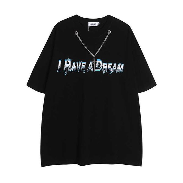 Tengo letra de ensueño marca de moda Vtg manga corta High Street American Hip Hop con cadena suelta pareja camiseta