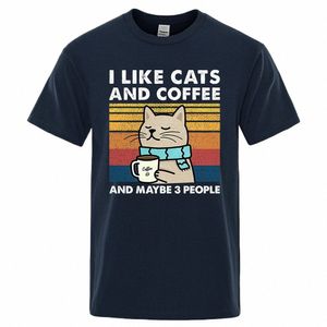 Me gustan los gatos y la calle del café Camiseta divertida para hombres Fi Casual Ropa suelta Cott Cuello redondo Camiseta transpirable Hip Hop Tees i1dF #