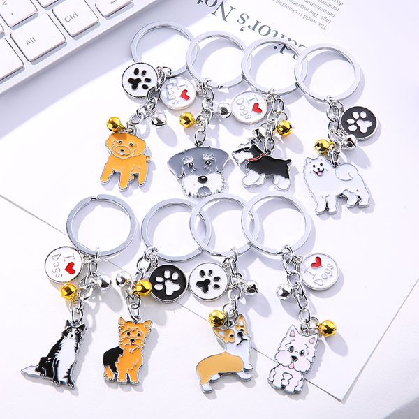 I Love Dog Llaveros Anillos Bulldog Corgi Schnauzer Teddy Car Llaveros Holder Paw Heart Animal Pendant Bag Charm Silver Metal Keyrings Accesorios de joyería para regalos